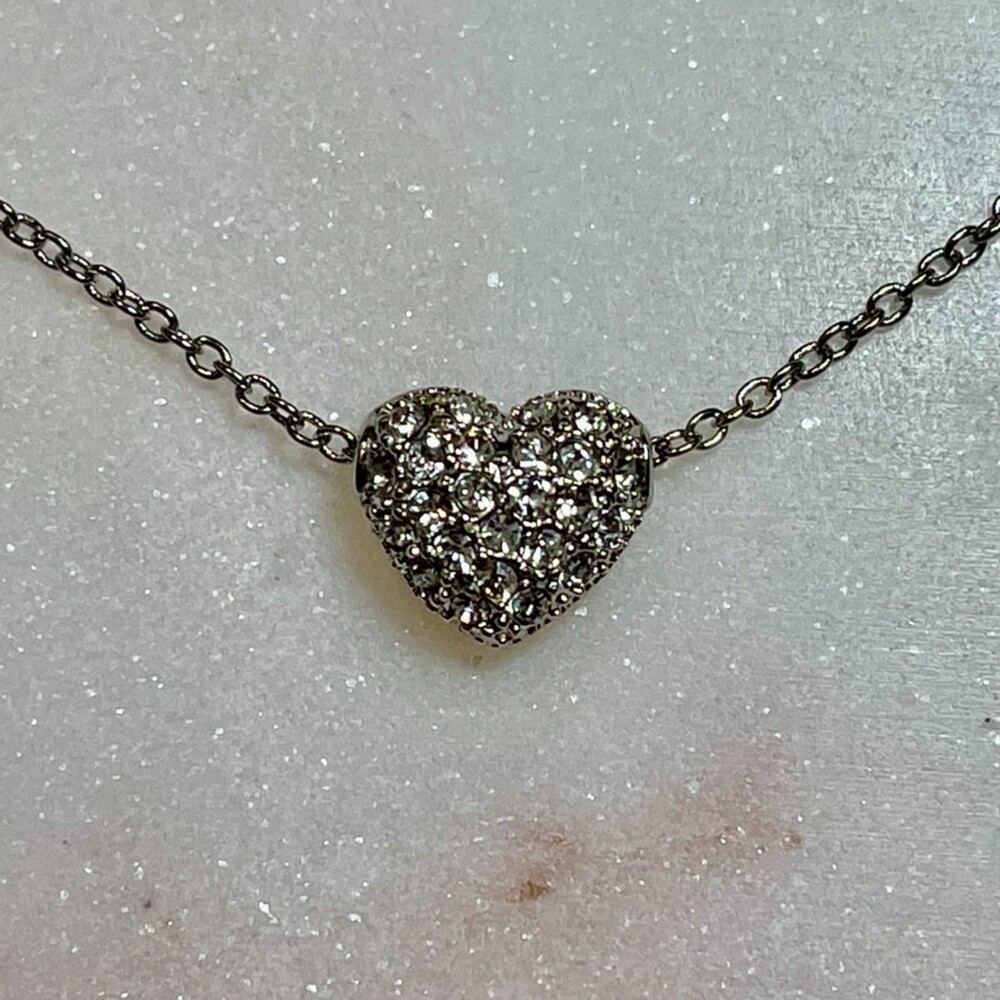 Y2K Vintage Silver Tone Pave Crystal Heart Necklace | 16"